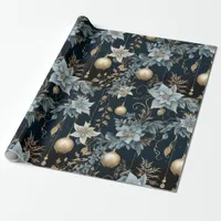 Blue and Gold Christmas Ornaments Poinsettias Wrapping Paper