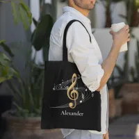 Custom Black Gold Music Treble Clef Stylish Tote Bag