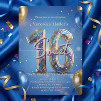 Glam Royal Blue Gold Balloons Sweet 16 Birthday Invitation
