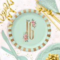 Gold Foil Stripes Sweet Sixteen Mint Green ID756 Paper Plates