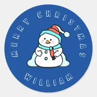 Snowman With Custom Name | Christmas Navy Blue Classic Round Sticker