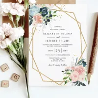  Rustic Navy Blush Gold Floral Geometric Wedding Invitation