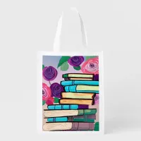 Illustration of Books and Flowers Digital Art Grocery Bag