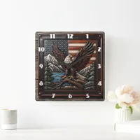 Bald Eagle With American Flag and Mountains Square Wall Clock