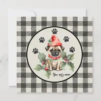 Christmas Pug with Red Hat Flat Holiday Card