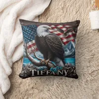 'Eagle on Branch With Flag Background' Throw Pillow