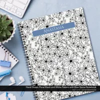 Hand Drawn Floral Black White Pattern & Blue Name Notebook