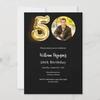 Black gold photo 50th birthday invitation