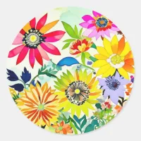 Watercolor Flowers in Pink and Yellow Classic Round Sticker