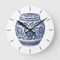 Navy Blue and White Ginger Jar Chinoiserie Design Round Clock