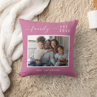 Family photo dark pink name script throw pillow