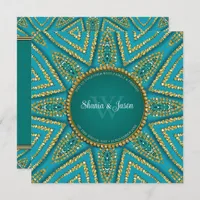 Eastern Bohemian Sun Gold & Teal Sparkle Invitation