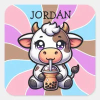  Cute Baby Cow Drinking Boba Kawaii Cartoon Square Sticker