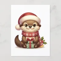 Adorable Christmas Otter in Santa Hat With Present Postcard