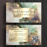 Elegant Emerald Purple And Gold Watercolor Marble Business Card