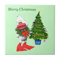 Cute White Christmas Duck Wearing a Wreath Ceramic Tile