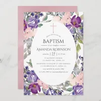 Plum and Blush Pink Floral Baptism or Christening Invitation
