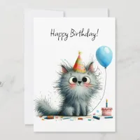 Whimsical Gray Cat Party Hat Balloon Birthday Flat Card