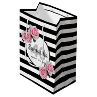 40th birthday pink roses black white stripes medium gift bag