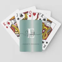 Stylish Blue Brushed Metal Monogram  & Script Name Poker Cards