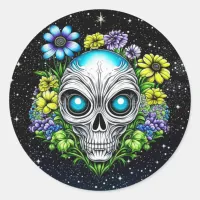 Alien Extraterrestrial with Blue Eyes and Flowers Classic Round Sticker