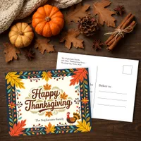 Folk Art Rustic Autumn Leaves Thanksgiving Postcard