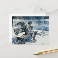Melancholy Angel in Snowy Park Ice Skates At Pond Postcard