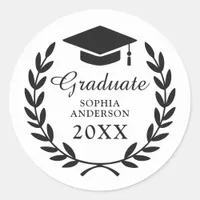 Custom Grad Cap & Laurel Wreath Graduation Emblem Classic Round Sticker