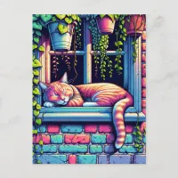 Sleepy Cat in Window Sill Ai Art Postcard