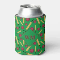 Cricket Player Bats and Balls Pattern Monogram Can Cooler