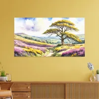 Countryside View with Oak Tree, Hills and Heather Canvas Print