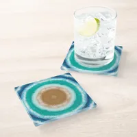Round Ocean Waves Teal and Turquoise  Glass Coaster