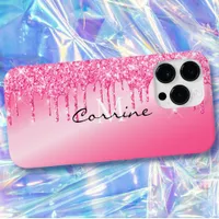 Monogram Metallic Hot Pink Glitter Drips Android + Case-Mate iPhone 14 Pro Max Case