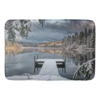 Beautiful winter lake scene bath mat