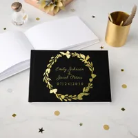 Gold Foil Flower Wreath Elegant Black Wedding Foil Guest Book