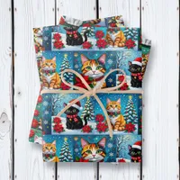 Cute Folk Art Impasto Cat Festive Christmas Wrapping Paper Sheets