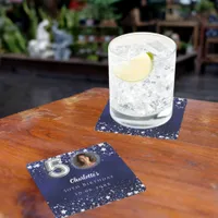 50th birthday navy blue silver stars photo square paper coaster