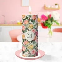 Roses Pattern Elegant Pretty Monogrammed Floral Pillar Candle