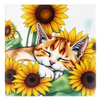 Cute Napping Kitten and Sunflowers Acrylic Print