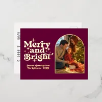 Burgundy and Gold Merry and Bright Retro Christmas Foil Holiday Postcard