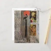 Pelican bird and stamps mixed media collage postcard