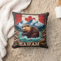 Beaver, Mountain, Flag, Blue Ocean Throw Pillow