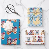 Crocheted Stuffed Animals Blue and Yellow Wrapping Paper Sheets