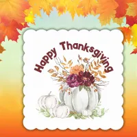 Simple White Pumpkin & Floral Thanksgiving | Paper Coaster