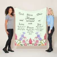 God Bless Our Home Green Floral Wildflowers Fleece Blanket