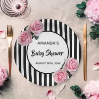 Baby Shower black white stripes pink roses Paper Plates