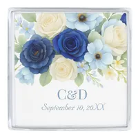 Navy Royal Bue Wedding Watercolor Ivory Flowers Silver Finish Lapel Pin