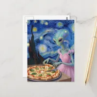 beautiful alien in a pink dress eats pizza postcard