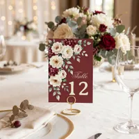 Burgundy Cream Watercolor Floral Winter Wedding Table Number
