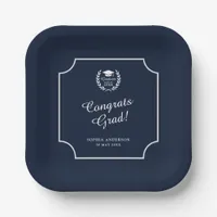 Congrats Grad Elegant Script Navy Blue Graduation Paper Plates